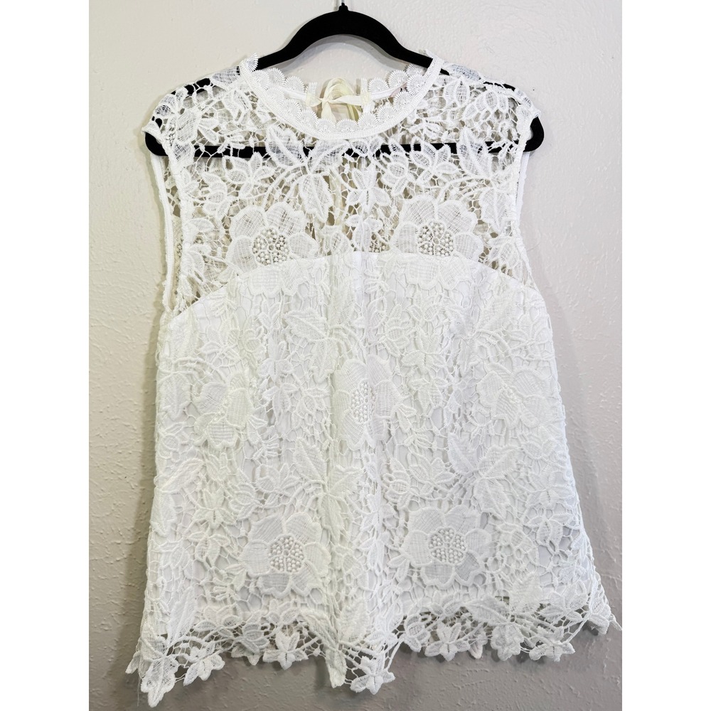 White Floral Lace Sleeveless Top Keyhole Back Ribbon Tie Scalloped Hem Lined XL